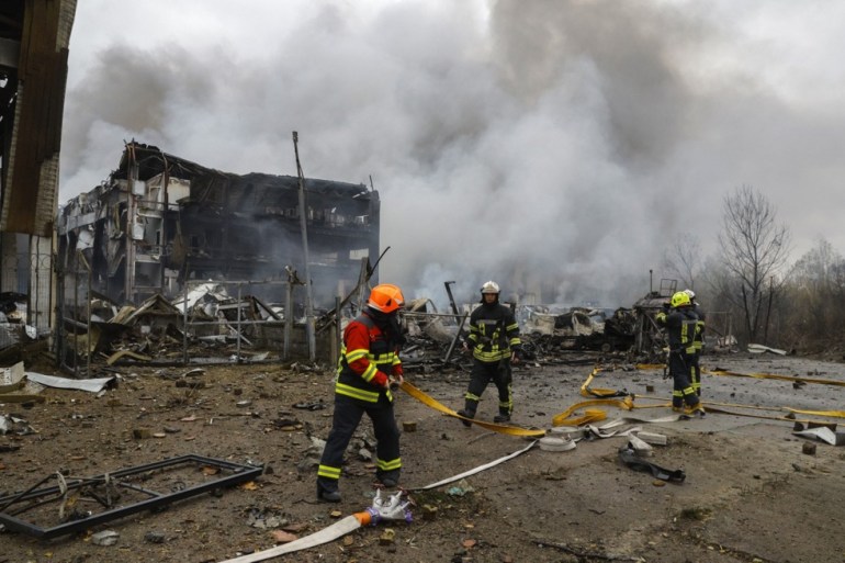 epa12480964 Ukrainian rescuers work at the site of a Russian missile strike in Kyiv, Ukraine, 25 October 2025, amid the Russian invasion. At least two people were killed and 13 others injured after Russian forces launched an overnight attack on Kyiv, the State Emergency Service of Ukraine reported. EPA/SERGEY DOLZHENKO