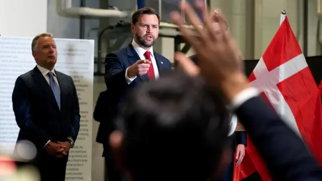 U.S. Vice President JD Vance calls on a reporter during a press conference following a military briefing at the Civilian Military Coordination Center in southern Israel