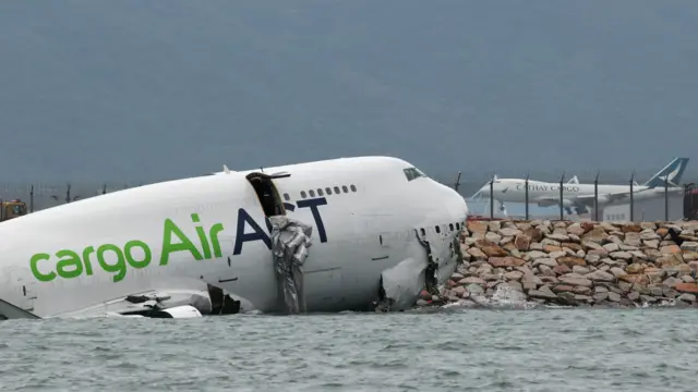 Cargo plane in the sea near Hong Kong airport runway