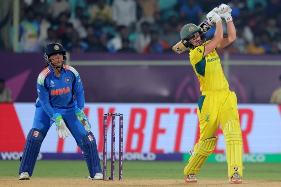 VISAKHAPATNAM, INDIA - OCTOBER 12: Ellyse Perry of Australia hits out for six to complete the record breaking run chase of 331 and win the ICC Women's Cricket World Cup India 2025 match between India and Australia at Dr. Y.S. Rajasekhara Reddy ACA-VDCA Cricket Stadium on October 12, 2025 in Visakhapatnam, India. (Photo by Pankaj Nangia/Getty Images)