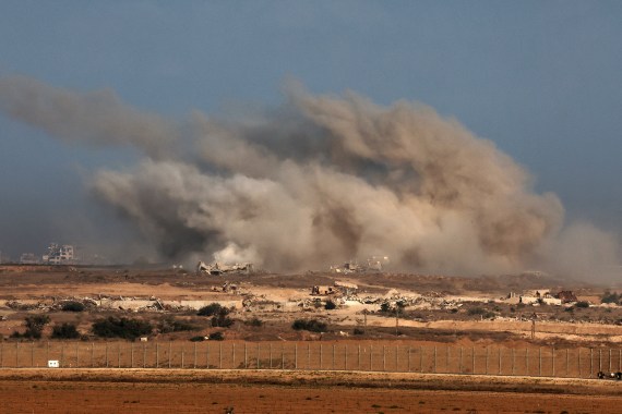 TOPSHOT - This picture taken from a position at Israel's border with the Gaza Strip shows smoke billowing during an Israeli strike on the besieged Palestinian territory on October 30, 2025.