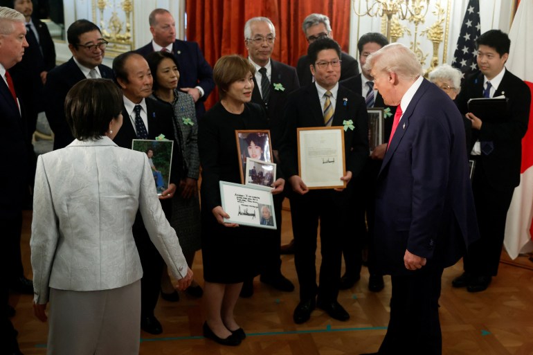 US President Donald Trump and Sanae Takaichi, Japan's prime minister, during a meeting with relatives of Japanese nationals abducted by North Korea, at the Akasaka Palace state guest house in Tokyo, Japan, on Tuesday, October 28, 2025. Kiyoshi Ota/Pool via REUTERS