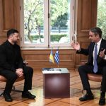 Greece's Prime Minister Kyriakos Mitsotakis (R) attends a meeting with Ukraine's President Volodymyr Zelensky in Athens, on November 16, 2025. (Photo by Angelos Tzortzinis / AFP)