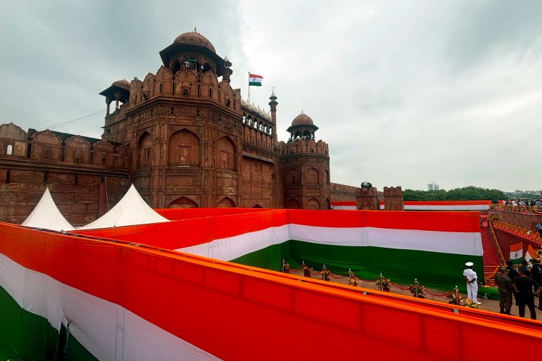 The front compound of the 17th century Mughal-era Red Fort monument is decorated in India's national colors for the country's Independence Day