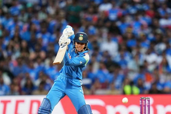 India's Smriti Mandhana plays a shot during the ICC Women's Cricket World Cup final match between India and South Africa in Navi Mumbai, India, Sunday, Nov. 2, 2025. (AP Photo/Rafiq Maqbool)