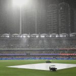 Rain falls during a T20 cricket international between India and Australia in Brisbane, Australia, Saturday, Nov. 8, 2025. (Darren England/AAPImage via AP)