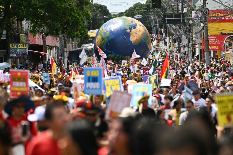 Thousands of people take part in the so-called "Great People's March" in the sidelines of the COP30 UN Climate Change Conference in Belem, Para State, Brazil on November 15, 2025.