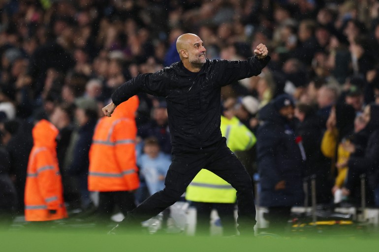 MANCHESTER, ENGLAND - NOVEMBER 09: Pep Guardiola, Manager of Manchester City, celebrates his team's first goal, scored by Erling Haaland of Manchester City during the Premier League match between Manchester City and Liverpool at Etihad Stadium on November 09, 2025 in Manchester, England. (Photo by Michael Regan/Getty Images)