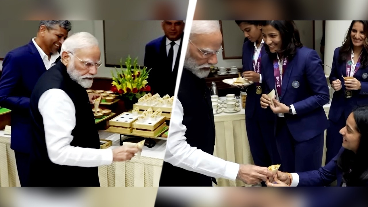 PM Modi serves food to wheelchair-bound Pratika Rawal at champions’ meet in Delhi