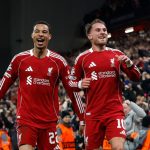 Soccer Football - UEFA Champions League - Liverpool v Real Madrid - Anfield, Liverpool, Britain - November 4, 2025 Liverpool's Alexis Mac Allister celebrates scoring their first goal with Hugo Ekitike Action Images via Reuters/Jason Cairnduff